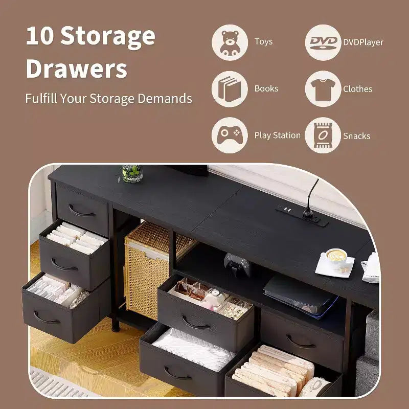 10 Drawer Dresser,TV Stand with Fabric Drawers for 75 70 65 Inch TV, TV Console Table with Open Storage Shelves for Living Room, Bedroom,