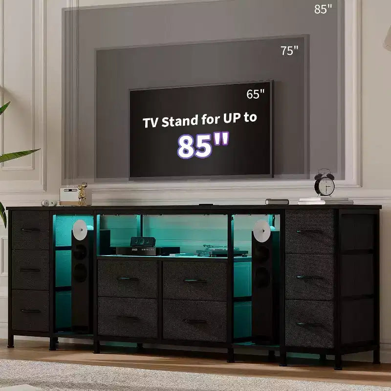 10 Drawer Dresser,TV Stand with Fabric Drawers for 75 70 65 Inch TV, TV Console Table with Open Storage Shelves for Living Room, Bedroom,