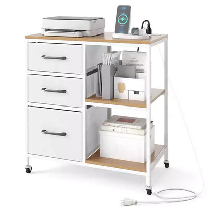 Costway 3 Drawer Mobile File Cabinet w/Charging Station Open Storage Shelves for Home