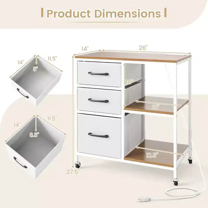 Costway 3 Drawer Mobile File Cabinet w/Charging Station Open Storage Shelves for Home