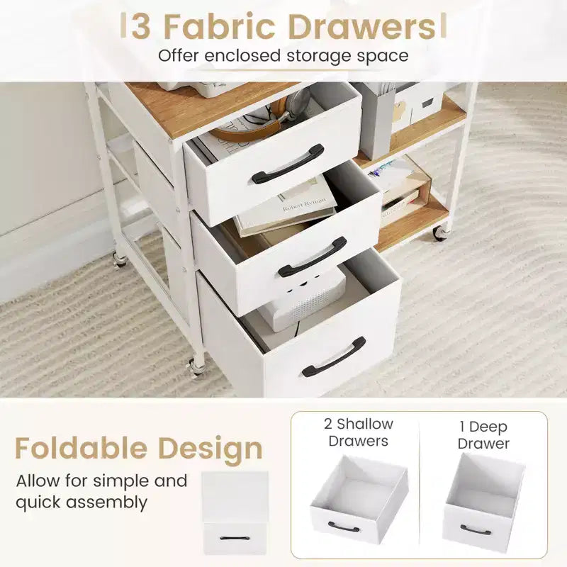 Costway 3 Drawer Mobile File Cabinet w/Charging Station Open Storage Shelves for Home