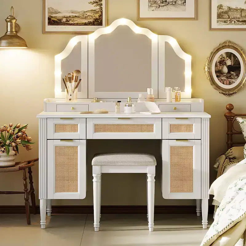 44.37 Makeup Vanity Desk with 13 LED Bulbs, 3 Lighting Modes, Tri-Fold Mirror, 5 Drawers & Shelves, Bedroom Charging Station, White