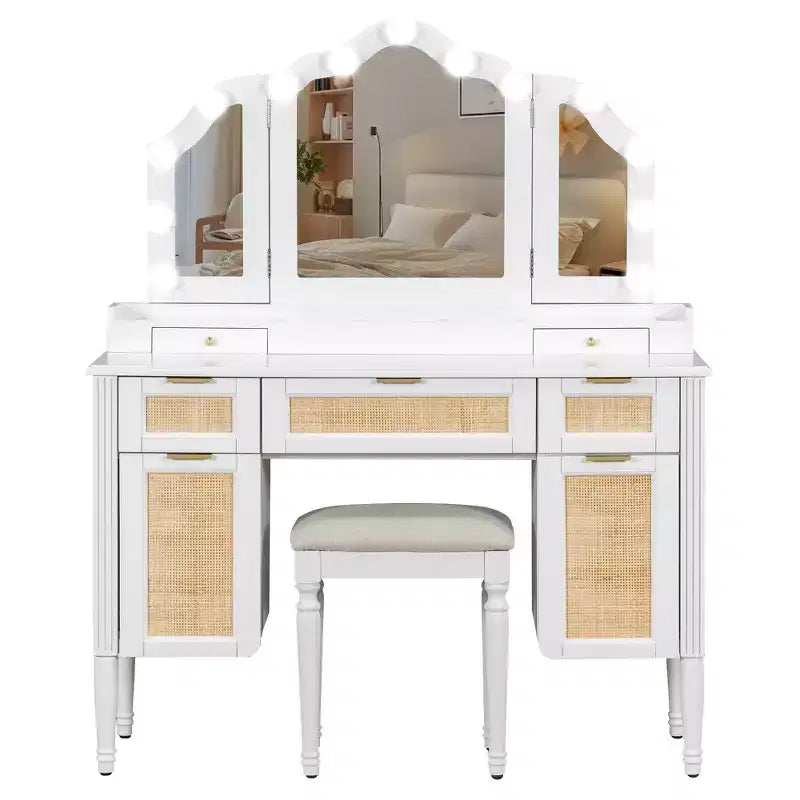 44.37 Makeup Vanity Desk with 13 LED Bulbs, 3 Lighting Modes, Tri-Fold Mirror, 5 Drawers & Shelves, Bedroom Charging Station, White