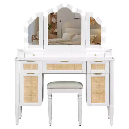 44.37 Makeup Vanity Desk with 13 LED Bulbs, 3 Lighting Modes, Tri-Fold Mirror, 5 Drawers & Shelves, Bedroom Charging Station, White