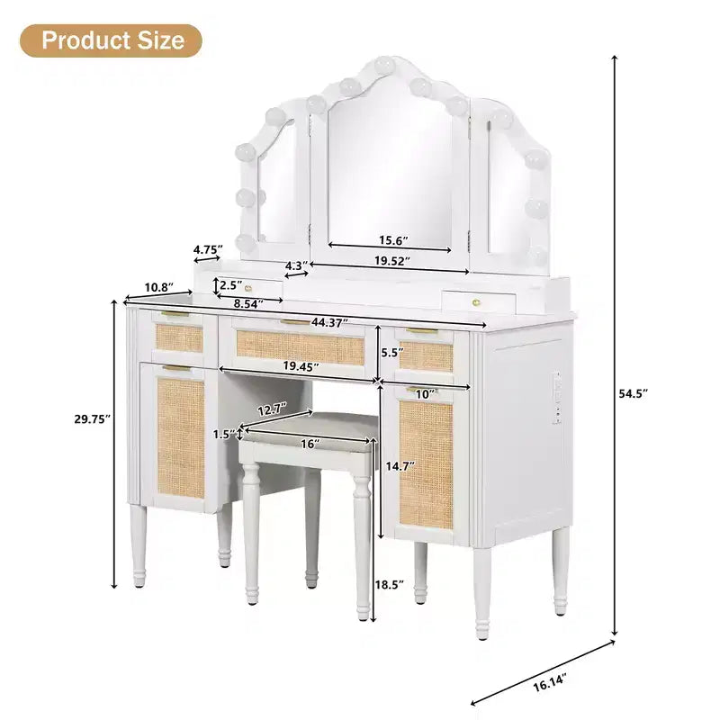 44.37 Makeup Vanity Desk with 13 LED Bulbs, 3 Lighting Modes, Tri-Fold Mirror, 5 Drawers & Shelves, Bedroom Charging Station, White