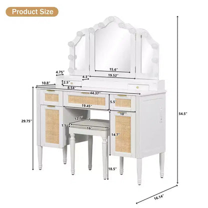 44.37 Makeup Vanity Desk with 13 LED Bulbs, 3 Lighting Modes, Tri-Fold Mirror, 5 Drawers & Shelves, Bedroom Charging Station, White