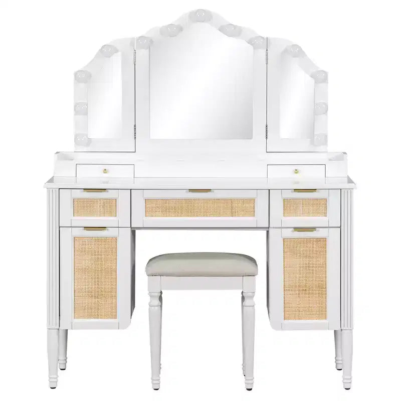 44.37 Makeup Vanity Desk with 13 LED Bulbs, 3 Lighting Modes, Tri-Fold Mirror, 5 Drawers & Shelves, Bedroom Charging Station, White