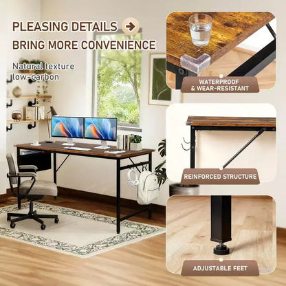 Karl Home 63 Scrivania per Computer per Ufficio Domestico, Scrivania da Studio con Contenitore, Ganci Laterali e Piedini Regolabili