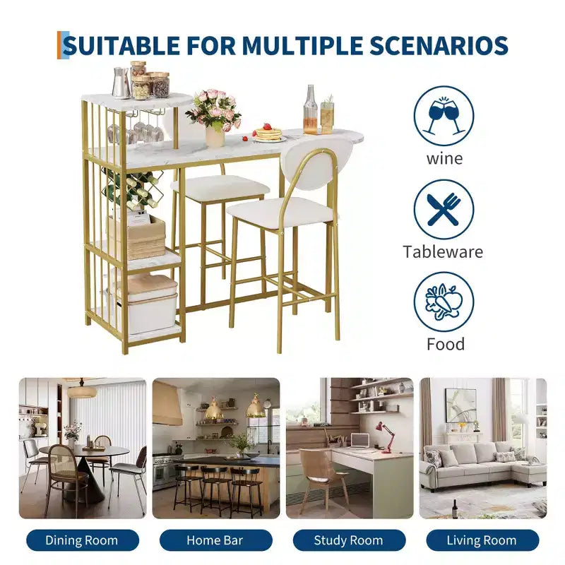 Acekool 3-Piece Dining Table Set for 2, Expandable Bar Table with Storage Shelves and Wine Rack, Small Kitchen Dining Set for Living Room