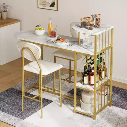 Acekool 3-Piece Dining Table Set for 2, Expandable Bar Table with Storage Shelves and Wine Rack, Small Kitchen Dining Set for Living Room