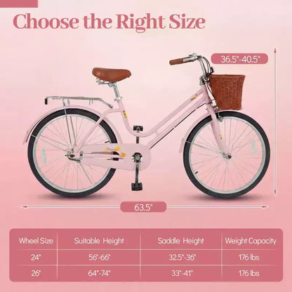 Gymax Bicicletta Cruiser da Spiaggia da 24 pollici con Sella Regolabile Cestino in Vimini e Portapacchi Posteriore per la Città