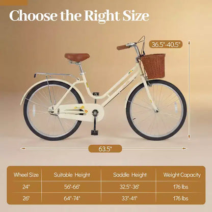 Gymax Bicicletta Cruiser da Spiaggia da 24 pollici con Sella Regolabile Cestino in Vimini e Portapacchi Posteriore per la Città