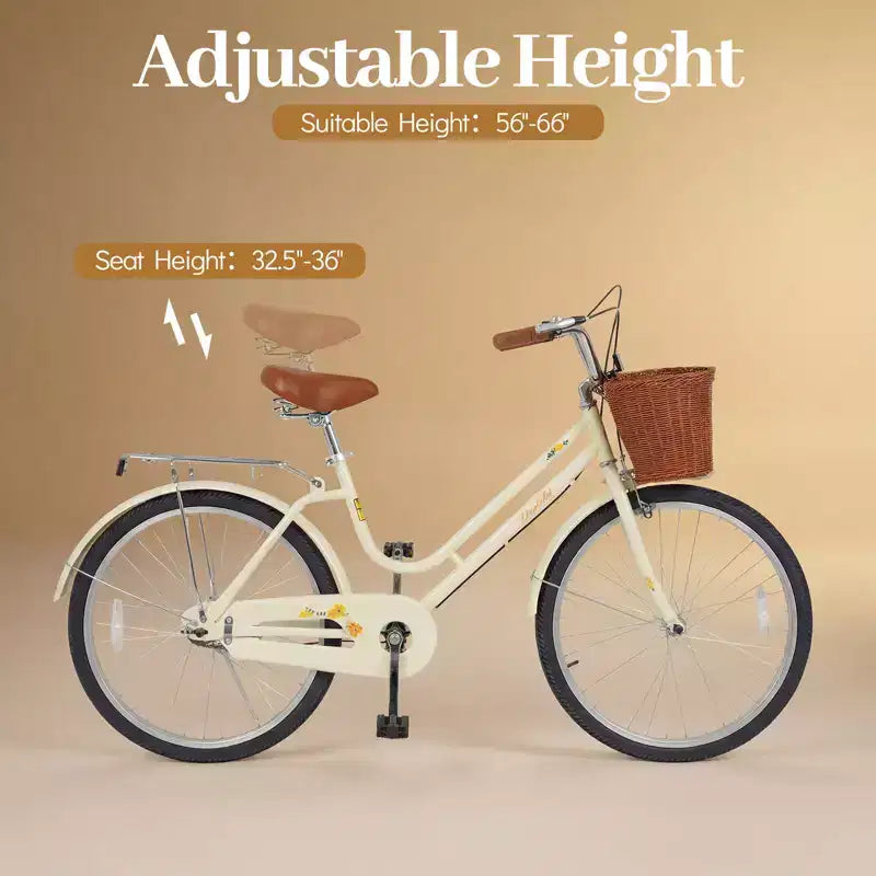 Gymax Bicicletta Cruiser da Spiaggia da 24 pollici con Sella Regolabile Cestino in Vimini e Portapacchi Posteriore per la Città