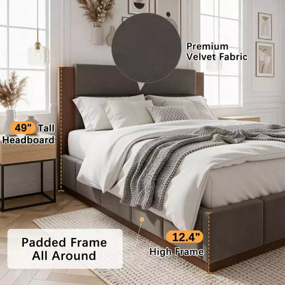 GDFStudio Donna Queen/King Size Upholstered Platform Bed Frame with Extended Wood Headboard