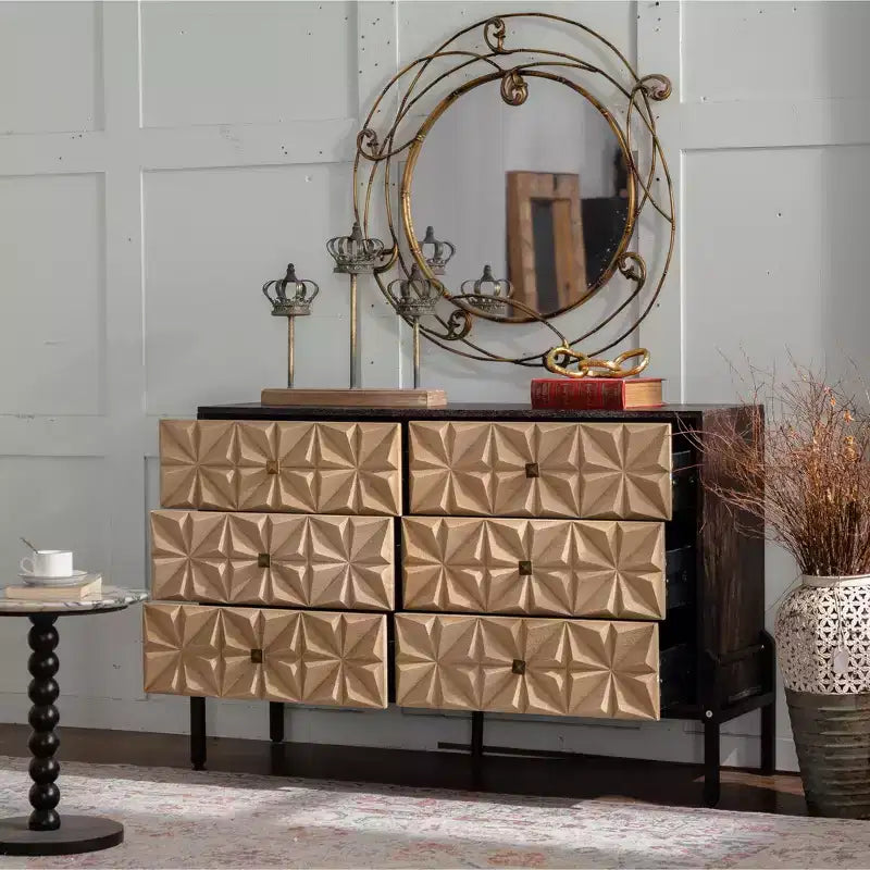 Sideboard with Geometric Pattern, 6-Drawer Dresser with Smooth Sliding Drawers, Modern Console Cabinet for Kitchen Dining Living