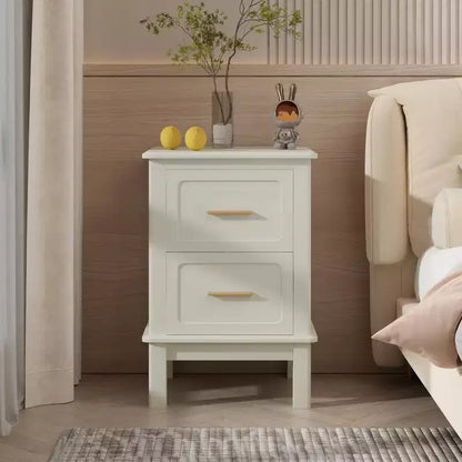 Modern Nightstand with 2 Drawers, Cream White Bedside Table with Gold Handles, Compact Wood Accent Table for Small Spaces