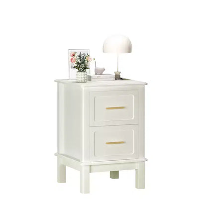 Comodino Moderno con 2 Cassetti, Tavolino da Notte Bianco Crema con Maniglie Dorate, Tavolino d'Appoggio Compatto in Legno per Piccoli Spazi