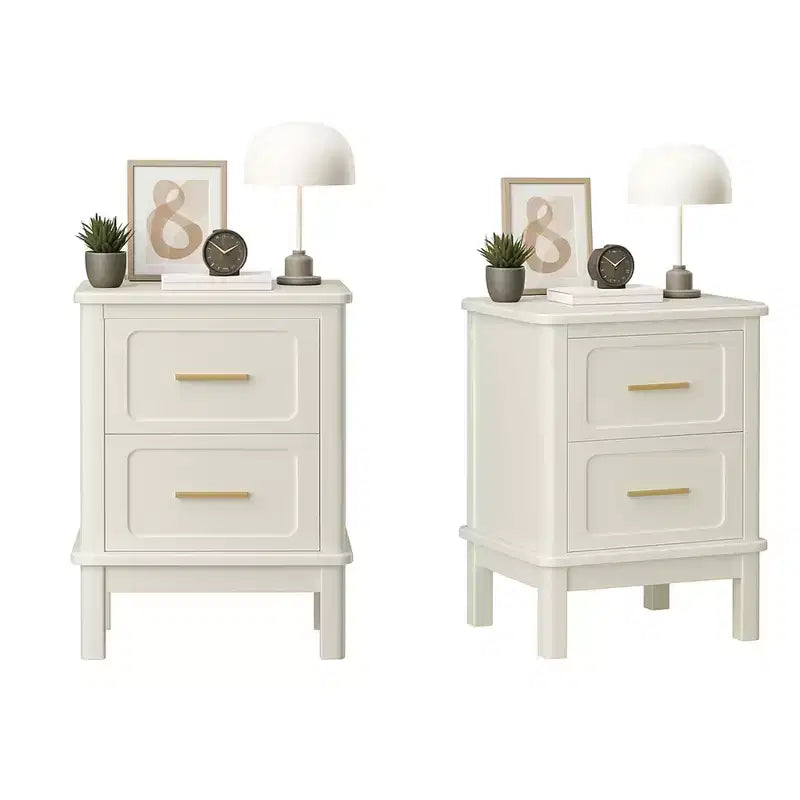 Comodino Moderno con 2 Cassetti, Tavolino da Notte Bianco Crema con Maniglie Dorate, Tavolino d'Appoggio Compatto in Legno per Piccoli Spazi