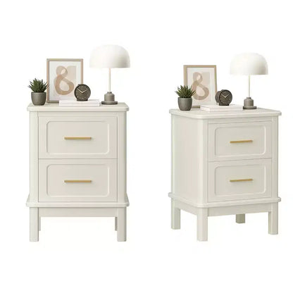 Comodino Moderno con 2 Cassetti, Tavolino da Notte Bianco Crema con Maniglie Dorate, Tavolino d'Appoggio Compatto in Legno per Piccoli Spazi