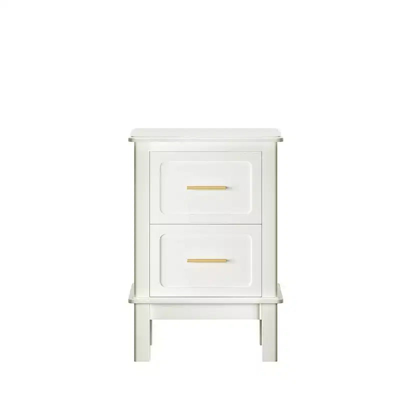 Comodino Moderno con 2 Cassetti, Tavolino da Notte Bianco Crema con Maniglie Dorate, Tavolino d'Appoggio Compatto in Legno per Piccoli Spazi
