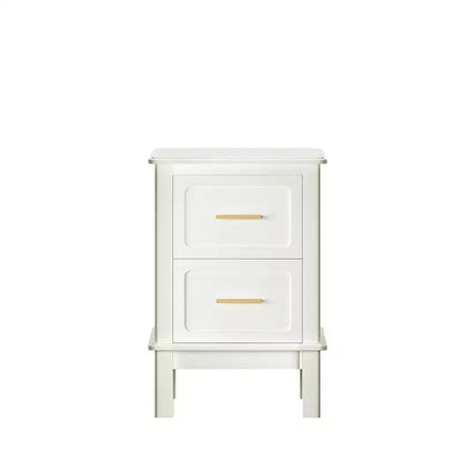 Comodino Moderno con 2 Cassetti, Tavolino da Notte Bianco Crema con Maniglie Dorate, Tavolino d'Appoggio Compatto in Legno per Piccoli Spazi