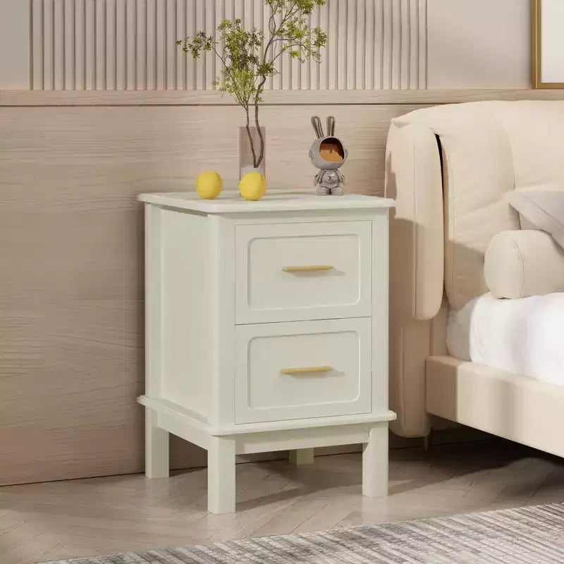 Comodino Moderno con 2 Cassetti, Tavolino da Notte Bianco Crema con Maniglie Dorate, Tavolino d'Appoggio Compatto in Legno per Piccoli Spazi