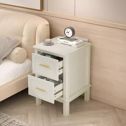 Comodino Moderno con 2 Cassetti, Tavolino da Notte Bianco Crema con Maniglie Dorate, Tavolino d'Appoggio Compatto in Legno per Piccoli Spazi