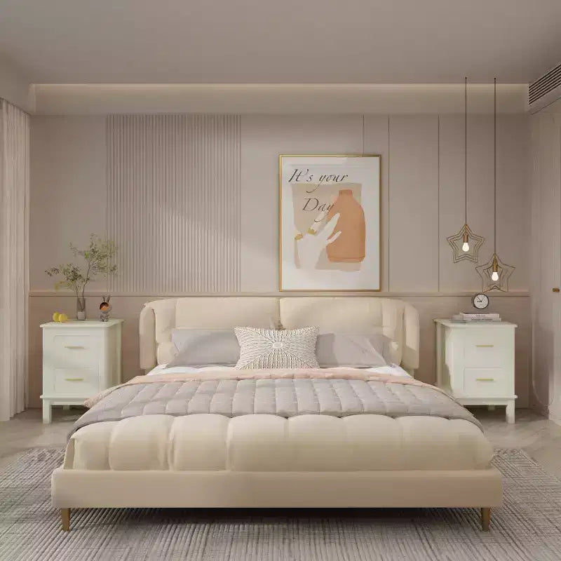 Comodino Moderno con 2 Cassetti, Tavolino da Notte Bianco Crema con Maniglie Dorate, Tavolino d'Appoggio Compatto in Legno per Piccoli Spazi