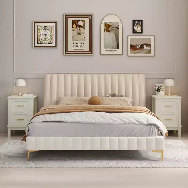 Comodino Moderno con 2 Cassetti, Tavolino da Notte Bianco Crema con Maniglie Dorate, Tavolino d'Appoggio Compatto in Legno per Piccoli Spazi