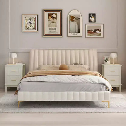 Comodino Moderno con 2 Cassetti, Tavolino da Notte Bianco Crema con Maniglie Dorate, Tavolino d'Appoggio Compatto in Legno per Piccoli Spazi