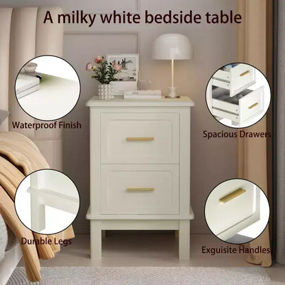 Comodino Moderno con 2 Cassetti, Tavolino da Notte Bianco Crema con Maniglie Dorate, Tavolino d'Appoggio Compatto in Legno per Piccoli Spazi