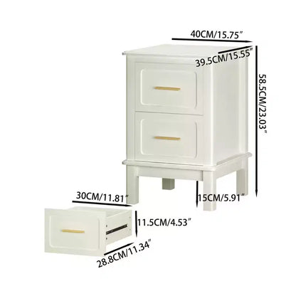 Comodino Moderno con 2 Cassetti, Tavolino da Notte Bianco Crema con Maniglie Dorate, Tavolino d'Appoggio Compatto in Legno per Piccoli Spazi