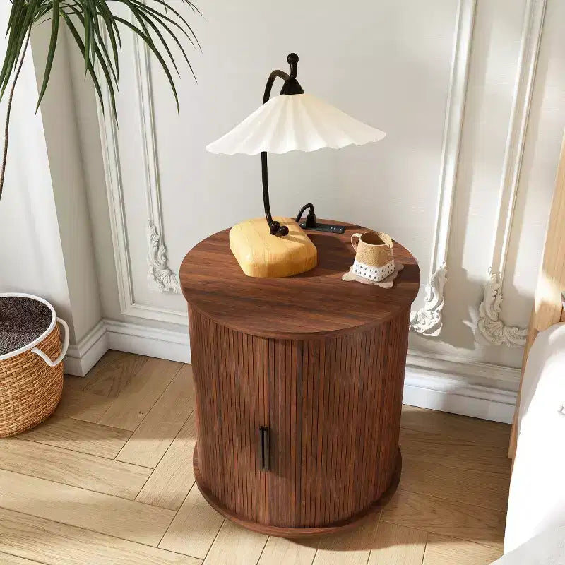Comodini rotondi moderni di metà secolo con ante scorrevoli, tavolini da comodino per camera da letto, tavolini a 2 ripiani-Panipeachy