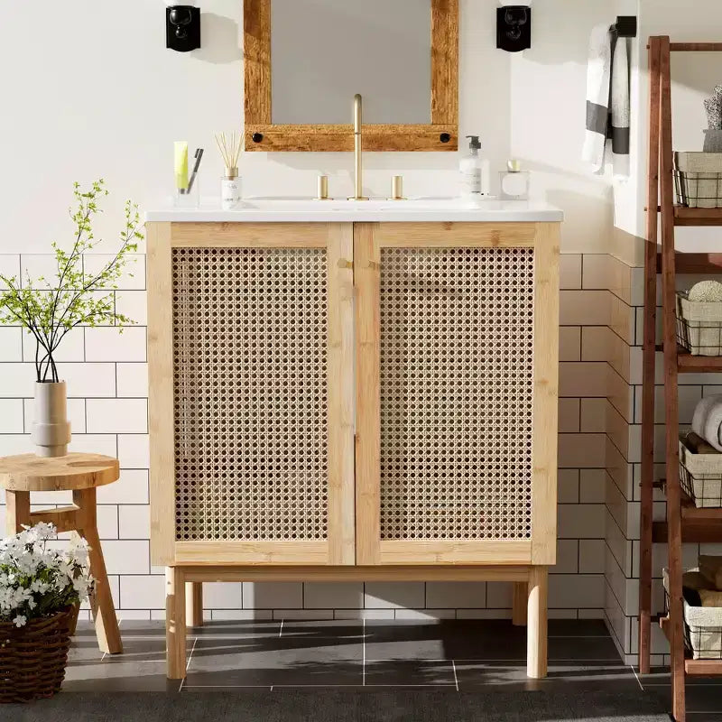 JVNOXK 30-inch bathroom vanity, natural materials, featuring handcrafted rattan doors with soft-close mechanism, overflow drain, wood