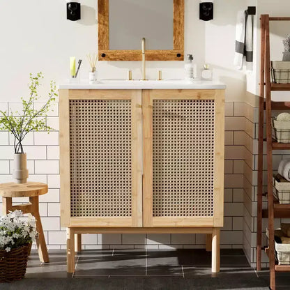 JVNOXK 30-inch bathroom vanity, natural materials, featuring handcrafted rattan doors with soft-close mechanism, overflow drain, wood