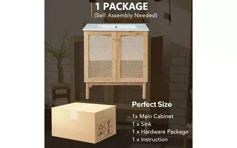 JVNOXK 30-inch bathroom vanity, natural materials, featuring handcrafted rattan doors with soft-close mechanism, overflow drain, wood