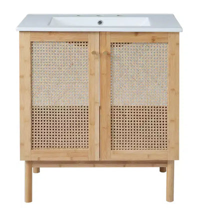 JVNOXK 30-inch bathroom vanity, natural materials, featuring handcrafted rattan doors with soft-close mechanism, overflow drain, wood
