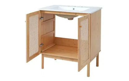JVNOXK 30-inch bathroom vanity, natural materials, featuring handcrafted rattan doors with soft-close mechanism, overflow drain, wood