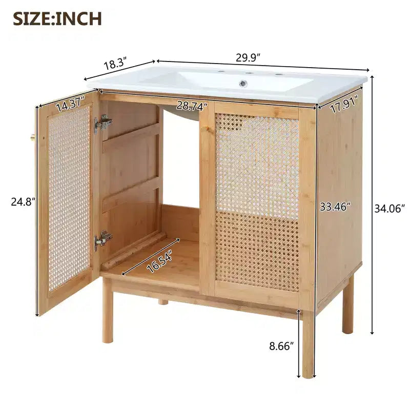 JVNOXK 30-inch bathroom vanity, natural materials, featuring handcrafted rattan doors with soft-close mechanism, overflow drain, wood