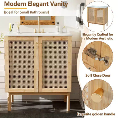 JVNOXK 30-inch bathroom vanity, natural materials, featuring handcrafted rattan doors with soft-close mechanism, overflow drain, wood