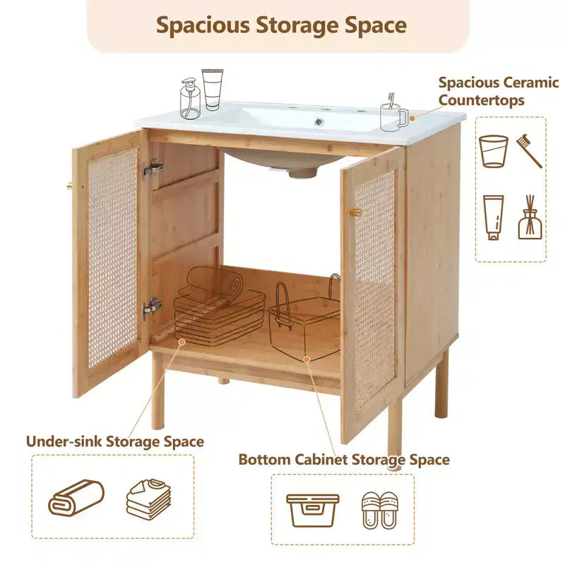 JVNOXK 30-inch bathroom vanity, natural materials, featuring handcrafted rattan doors with soft-close mechanism, overflow drain, wood