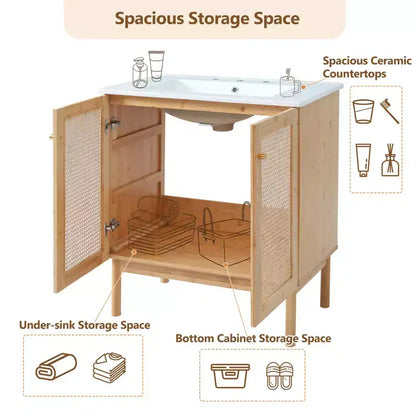 JVNOXK 30-inch bathroom vanity, natural materials, featuring handcrafted rattan doors with soft-close mechanism, overflow drain, wood