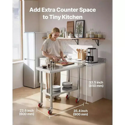 24 x 35 Stainless Steel Prep Table with Wheels and Adjustable Undershelf for Kitchen