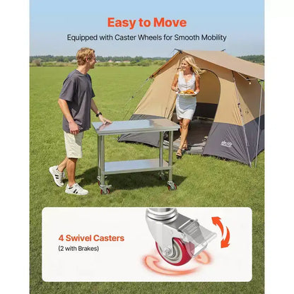 24 x 35 Stainless Steel Prep Table with Wheels and Adjustable Undershelf for Kitchen