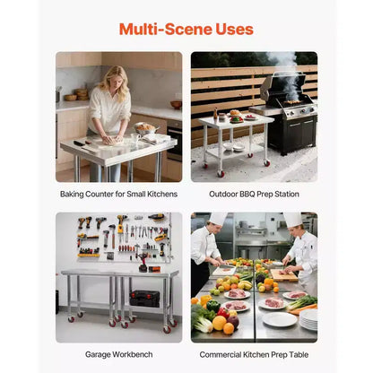 24 x 35 Stainless Steel Prep Table with Wheels and Adjustable Undershelf for Kitchen