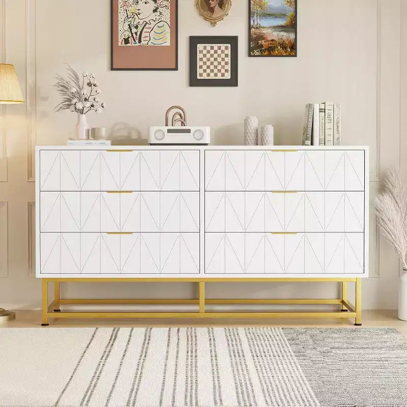 6 Drawer Dresser with Wide Storage, Wood Dresser Chest Organizer with Metal Legs, Dressers & Chests of Drawers for Bedroom, Living Room, Hallway