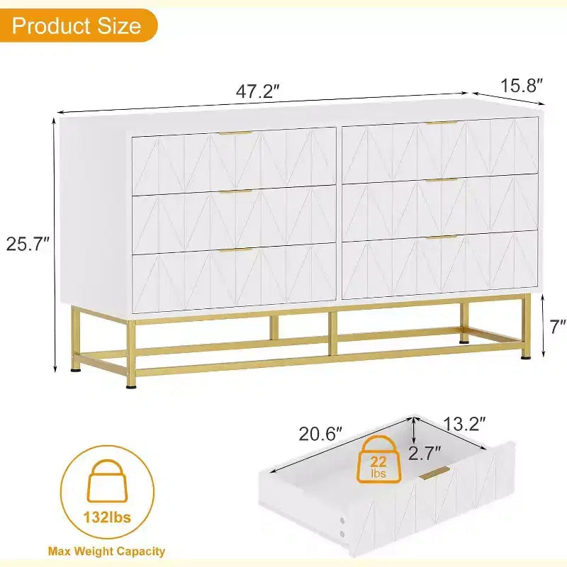 6 Drawer Dresser with Wide Storage, Wood Dresser Chest Organizer with Metal Legs, Dressers & Chests of Drawers for Bedroom, Living Room, Hallway