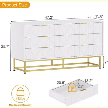6 Drawer Dresser with Wide Storage, Wood Dresser Chest Organizer with Metal Legs, Dressers & Chests of Drawers for Bedroom, Living Room, Hallway