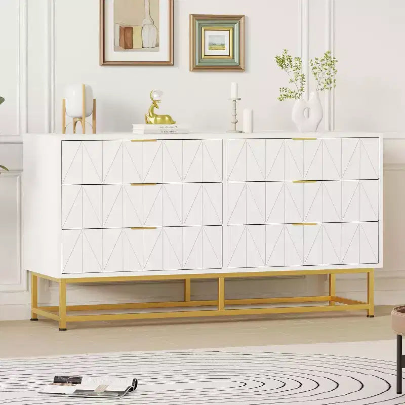 6 Drawer Dresser with Wide Storage, Wood Dresser Chest Organizer with Metal Legs, Dressers & Chests of Drawers for Bedroom, Living Room, Hallway