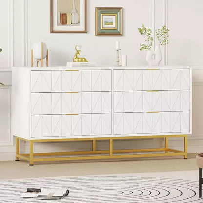 6 Drawer Dresser with Wide Storage, Wood Dresser Chest Organizer with Metal Legs, Dressers & Chests of Drawers for Bedroom, Living Room, Hallway